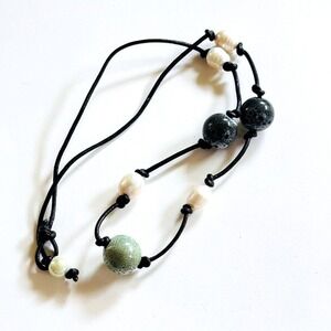 FreshWater Baroque Pearl necklace lava stone bead VTG Beads leather BOHO 22"